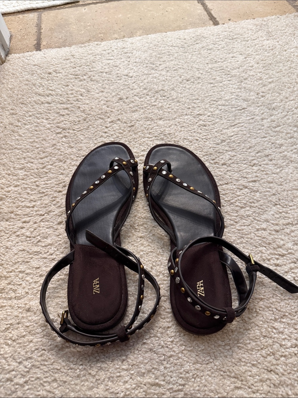 Zara Brown Studded Ankle-Strap Sandals - Picture 6 of 6